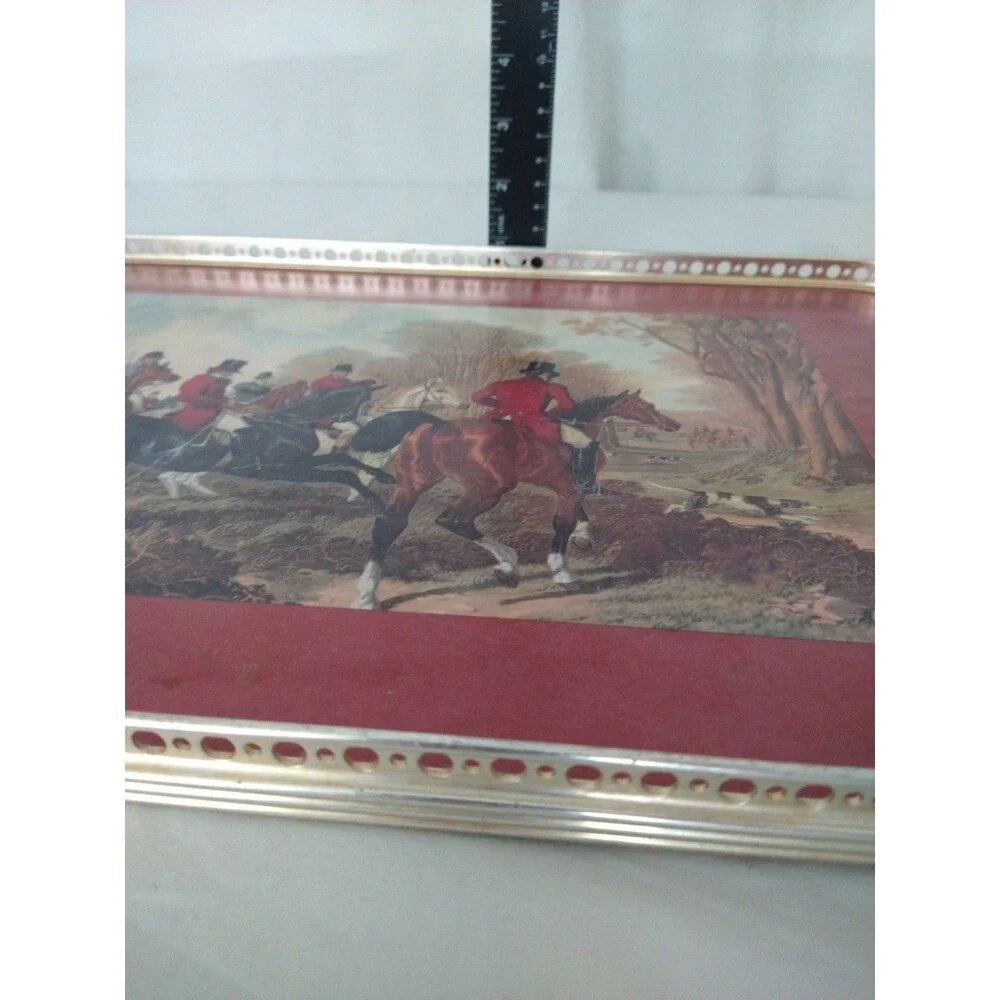 VTG Wood Serving Tray English Fox Hunt Scene Equestrian Hound Horse Pimpernel